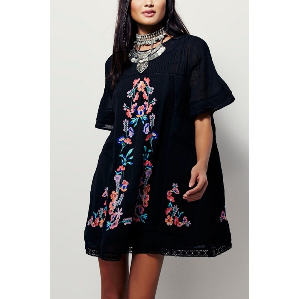 Free People Perfectly Victorian Mini Dress Black Floral Embroidered XS